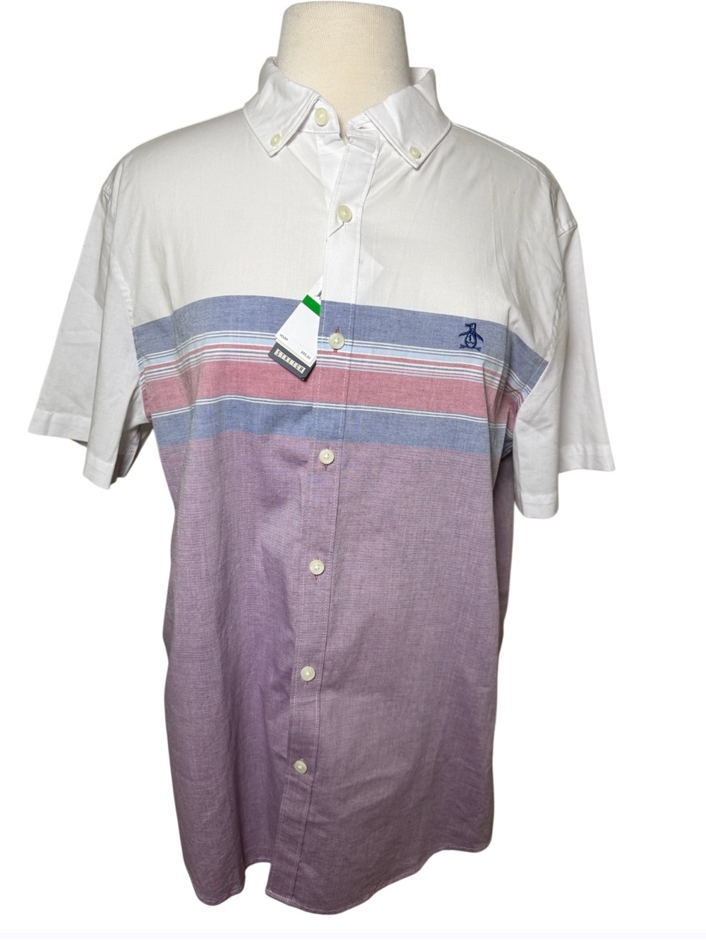 NWT Original Penguin Short sleeve button down shirt- White,blue,red,pink-Large